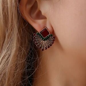 Vintage Fan Design Crystal Stud Earrings Fashion Jewelry Boho Style